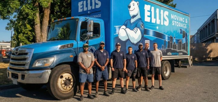 Moving company team in front of truck