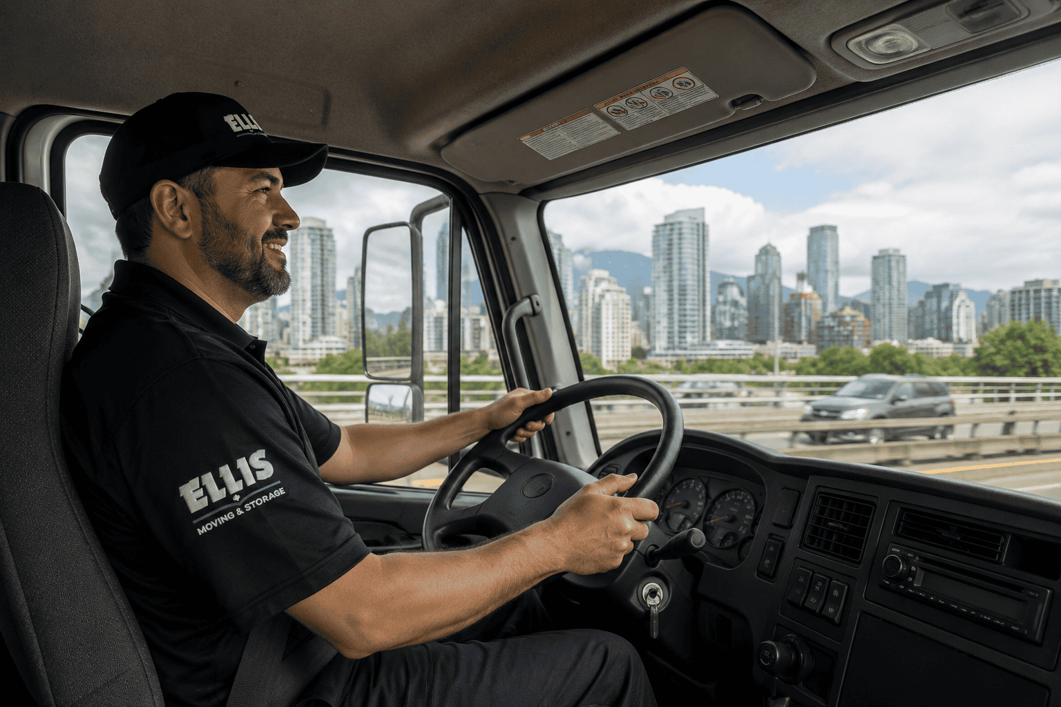 Smiling truck driver in cityscape background.