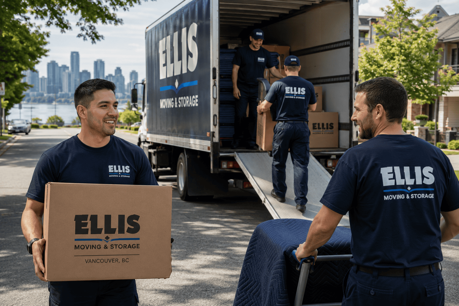 Movers unloading a truck on a sunny street